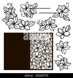 CLEMATIS KARTE BLUMEN Monochrom Hochzeitskollektion aus Blumen und Grußkarte durchbrochene Konturen zum Schneiden und Drucken Cartoon Clipart Vektor illu Stock Vektor