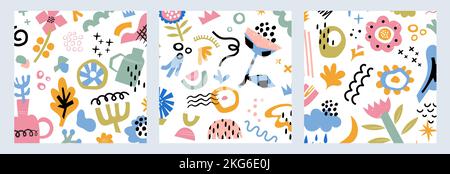 Set mit modernen Blumenausschnitten. Vektor-Illustration von handgezeichneten Blumen, Blättern, kreativen Formen und Doodle Design-Elemente auf weißem Hintergrund. Sammlung von abstrakten nahtlosen Hintergründen Stock Vektor