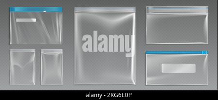 Reißverschlussbeutel aus Kunststoff, leere Reißverschlusstaschen. Isolierte wasserdichte Einweg-leere Polyethylen-Pakete oder Umschläge auf transparentem Hintergrund, realistische 3D Vektor-Illustration, Clip Art, Set Stock Vektor