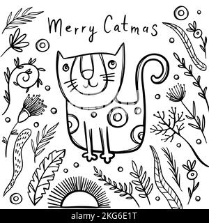 MALVORLAGEN CAT WEIHNACHTEN Niedliche Kätzchen unter Blumen und anderen Pflanzen handgeschriebener Text Monochrome Grußkarte Cartoon Handgezeichnet Vektor Illustratio Stock Vektor
