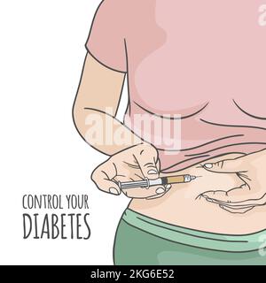 KONTROLLE VON DIABETES Hypodermische Injektion im Magen Medizinische menschliche Krankheit Vektor-Illustration-Set Stock Vektor