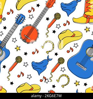 COUNTRY INSTRUMENTE American Cowboy Music Western Festival Nahtloses Muster Vektor Illustration für Print Stock Vektor