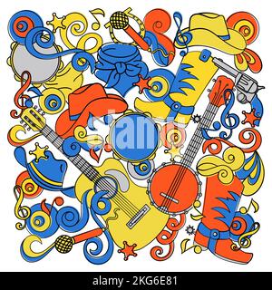 COUNTRY DOODLES American Cowboy Western Music Festival Doodle Vektor Illustration Set für Print Stock Vektor