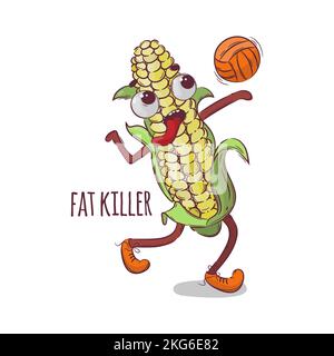 MAIS FETT KILLER Volleyball Sport Gemüse Cartoon Gesundheit Ernährung Natur Hand gezeichnet Vektor Illustration für Print Stock Vektor