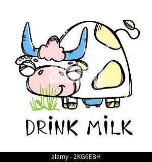 KUH FRISST GRAS Niedliches Lächeln Tier in Skizze Stil in Cartoon Farm gezeichnet, um Milch zu geben Poster mit Handschrift Text Clip Art Vektor Illustration Set Stock Vektor