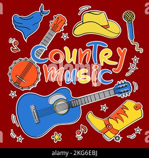 COUNTRY MUSIC CUTS American Cowboy Attribute und Symbole Western Music Festival Country Vector Illustration Set zum Drucken und Schneiden Stock Vektor