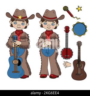 COWBOY MUSIK Cartoon American Western Country Festival Vektor Illustration Set für Print Stock Vektor