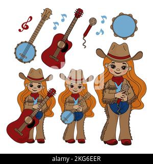 COUNTRY MUSIKER Cowboy Cartoon American Western Music Festival Vektor Illustration Set für Print Stock Vektor