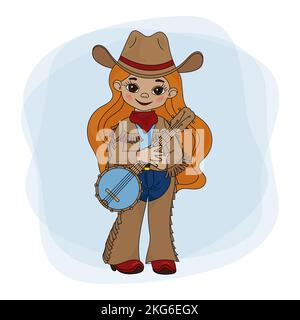 COWGIRL BANJO American Cowboy Western Music Festival Vektor Illustration Set für Print Stock Vektor