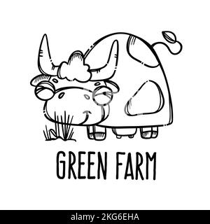 KUH FRISST GRAS MONOCHROME niedliche Lächeln Tier handgezeichnet im Skizzenstil in Cartoon Farm Poster mit Handschrift Text Clip Art Vektor Illustration Set F Stock Vektor