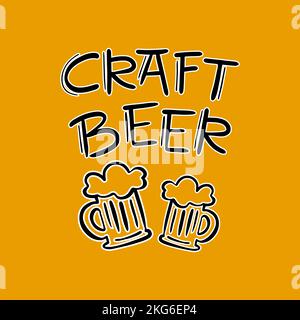 CRAFT BIER STIL leckeres Getränk in zwei Tassen mit Schaum und handgeschriebenem Text Good Beer Hand gezeichnet Cartoon Vektor Illustration Set Stock Vektor