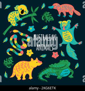 CRAZY AUSTRALIAN ANIMALS Forest Cartoon Fairy Tale Nature Illustration for Print Stock Vektor