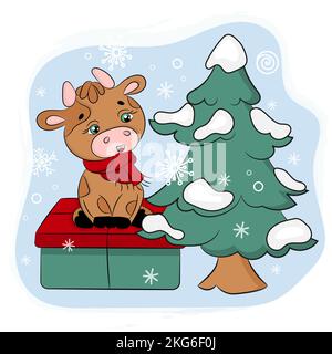 NIEDLICHER STIER MIT GESCHENK UND WEIHNACHTSBAUM Neujahr Frohe Weihnachten Cartoon Urlaub Niedliche Tier Vektor Illustration Set für Print Stock Vektor