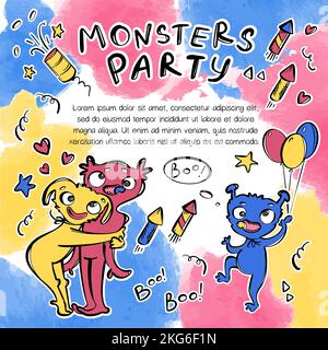 NIEDLICHE CARTOON-MONSTER LADEN Huggy Wuggy Geburtstagsparty Handgezeichnete Skizze mit lustigen Aliens und Handschrift Text Clipart Vektor Illustration Set für P Stock Vektor