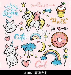 CUTE DOODLE SET CARTOON TIERE Hand gezeichnet Skizze mit Tieren Süßigkeiten und Handschriften Phrasen. Vektorelemente Und Schriftzüge. Einhornkatze Rainbow Donu Stock Vektor
