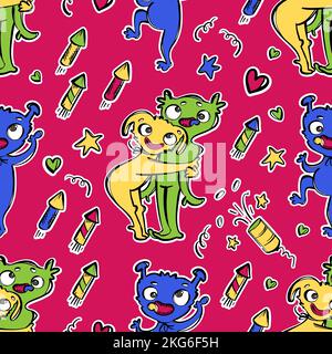NIEDLICHES MONSTER Cartoon Huggy Wuggy Girl Hugs ihr Freund Geburtstagsparty Handgezeichnete Skizze mit lustigen Aliens Nahtloses Muster Vektor-Illustration Set für Stock Vektor