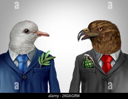 Krieg Hawk und Friedenstaube Diplomatie und Friedensprozess Symbol als Diplomat oder Unterhändler für einen Vertrag oder eine Konfliktlösung mit einem Olivenzweig Stockfoto