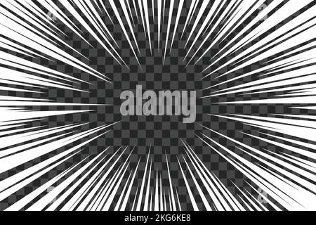 Burst-Frame mit Manga-Geschwindigkeit. Radiale Anime-Geschwindigkeitslinien. Crash-Zoom-Effekt für Comics. Schablone für die Überlagerung radialer Linien. Manga-brust-Rahmen. Boom-Effekt Stock Vektor