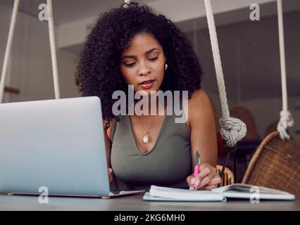 Schwarze Frau, Laptop und Schreiben in Notebook für die Planung Zeitplan, Kalender oder Molkerei für die Aufgabe Erinnerung zu Hause. Afroamerikanische Designerin oder Stockfoto