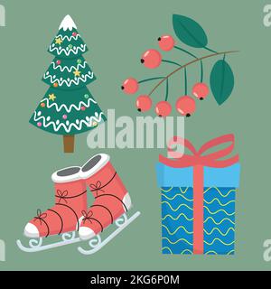 weihnachts-Set von Vektor-Elemente enthält weihnachtsbaum, Stechbeeren, Schlittschuhe und Geschenk Stock Vektor