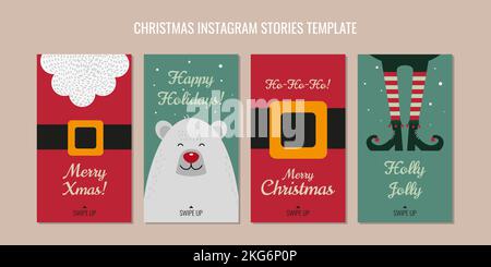 Minimalistisches flaches weihnachtsdesign im Retro-Stil für instagram santa Schärpe Bart und santa Schärpe Eisbär und Elfenbeine in gestreiften Strümpfen und Schuhen Stock Vektor