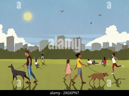 Menschen gehen Hunde spazieren, trainieren und entspannen im sonnigen, sommerlichen Stadtpark Stockfoto