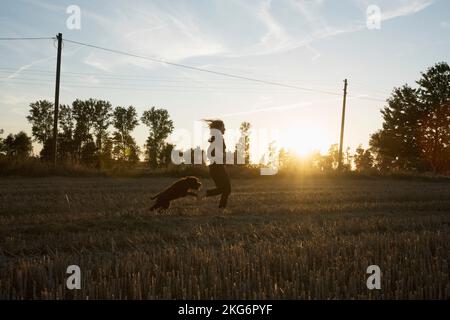 Sorgloses Mädchen und Hund, die bei Sonnenuntergang auf einem sonnigen Bauernhof Rennen Stockfoto