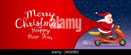 Der Weihnachtsmann fährt auf einem Motorroller und liefert eine große Tüte Weihnachtsgeschenke. Frohes Weihnachtsbanner Stock Vektor