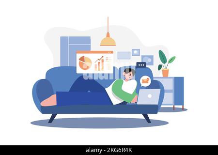 Man Laying On The Couch And Doing Work On A Laptop Stock Vektor