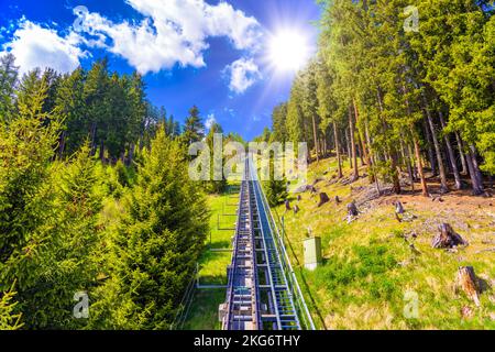 Standweg im alpenwald, Davos, Graubünden Schweiz Stockfoto