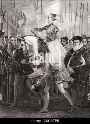 Elizabeth Ich inspiziere ihre Truppen im Tilbury Port, 1588, bevor ich sie übergebe: "Ich weiß, dass ich den Körper habe, aber eine schwache, schwache Frau; aber ich habe das Herz und den Bauch eines Königs", Rede. Ihre Armee wurde versammelt, um eine erwartete spanische Invasion abzuwehren. Elizabeth I., aka The Virgin Queen, Gloriana or Good Queen Bess, 1533 – 1603. Königin von England und Irland. Aus einem Druck von James Parker nach dem Gemälde von Thomas Stothard. Stockfoto