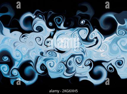 Abstrakte hellblaue und weiße Flüssigkeit wirbelnde Marmorstruktur auf schwarzem Hintergrund oder Tapete Stockfoto