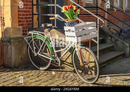 Ein Fahrrad in leuchtenden Farben auf der Veranda in der Straße Stockfoto