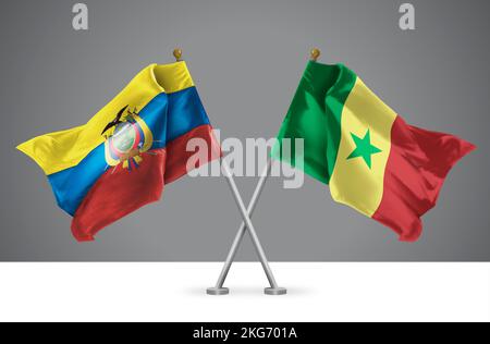 3D Darstellung von zwei geschwungenen Kreuzflaggen Senegals und Ecuadors, Zeichen der Beziehungen zwischen Senegal und Ecuadorian Stockfoto