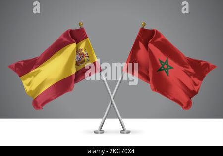 3D Darstellung von zwei geschwungenen Kreuzflaggen Marokkos und Spaniens, Zeichen marokkanischer und spanischer Beziehungen Stockfoto