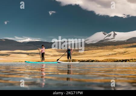 Zwei fröhliche junge Surfer wandern auf sup Paddle Boards am Mountain Lake Stockfoto