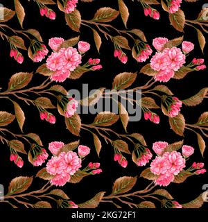 Aquarelle Kirschblüte, rosa Blüten und braune Blätter. Sich wiederholendes Blumenmuster. Handgezeichnetes Nahtmuster eines blühenden Sakurazweigs Stockfoto