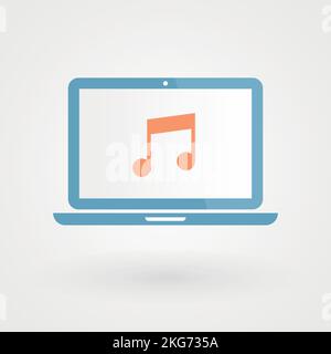 Laptop und musikalische Note. Audiokonzept. Vektorgrafik, flaches Design Stock Vektor