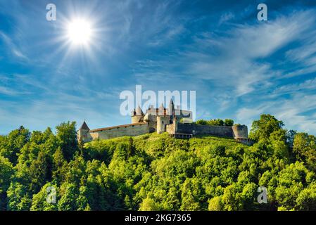 Schloss von Gruyeres in Haut-Intyamon, Greyerzer, Fribourg, Schweiz Stockfoto