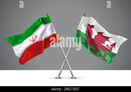 3D Darstellung von zwei Wavy Crossed Flags of Wales and Iran, Zeichen für walisische und iranische Beziehungen Stockfoto