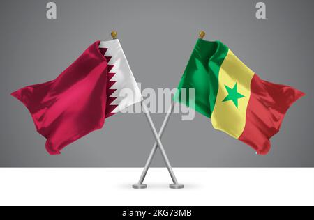 3D Darstellung von zwei geschwungenen Kreuzflaggen von Katar und Senegal, Zeichen der Beziehungen zwischen Katar und Senegal Stockfoto
