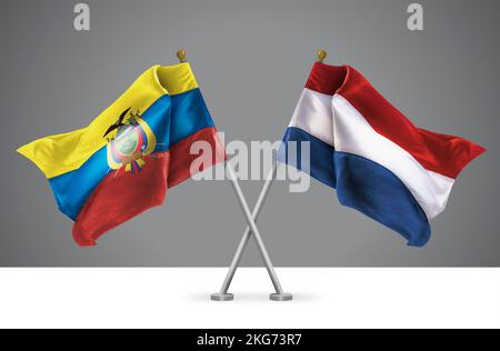 3D Darstellung von zwei geschwungenen Flaggen der Niederlande und Ecuadors, Zeichen niederländischer und ecuadorianischer Beziehungen Stockfoto