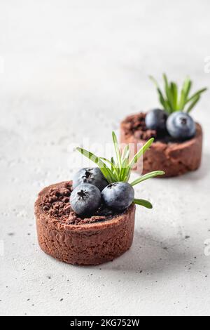 Zwei Schokoladen-Brownies mit Heidelbeeren und Rosmarin isoliert auf weißem strukturierten Hintergrund, Minimal Zusammensetzung dekoriert. Platz für Text. Vertikal oder Stockfoto