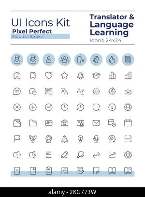 Translator Pixel Perfect Linear ui-Symbole gesetzt Stock Vektor