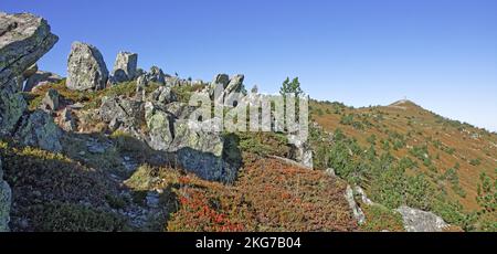 Frankreich, Haute-Loire, Les Estables, Nordgipfel des Mont Mézenc, Felskämme Stockfoto