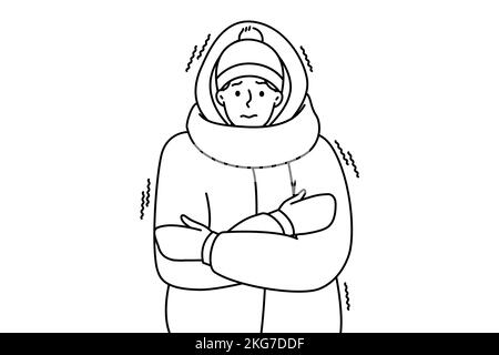 Junger Mann in Oberbekleidung, der sich draußen kalt und eiskalt fühlt. Unglücklich gefrorener Kerl in der Jacke leiden während der kalten Tage im Winter. Vektorgrafik. Stock Vektor