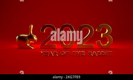 Frohes chinesisches Neujahr 2023 3D Text, Year of the Rabbit Konzept isoliert auf rotem Hintergrund. Stockfoto