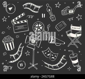 Film, Kino Doodle Symbol Illustration. Doodle handgezeichnete Skizze Stil Film Elemente, Popcorn, Videokamera, Klappbrett. Vektorlinien-Illustration. Stock Vektor