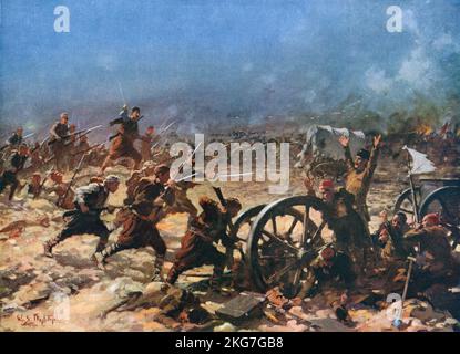 Eine Illustration mit dem Titel Schlacht von Kirk Kilisse, die Teil des ersten Balkankrieges zwischen Bulgarien und dem Osmanischen Reich war. Es fand am 24. Oktober 1912 statt, als die bulgarische Armee unter dem Kommando von General Radko Dimitriev und General Ivan Fichev eine osmanische Armee unter dem Kommando von Mahmud Muhtar Pascha Kölemen Abdullah Pascha in Ostthrakien besiegte. Stockfoto