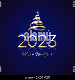 2023 Neujahr. Glänzend golden 2023 mit Band auf blauem Hintergrund. Neujahrsdesign für Einladung, Grußkarte, Kalender. Glänzendes goldenes Logo. Urlaub Stock Vektor